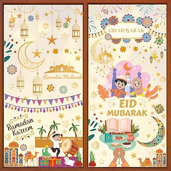 AhfuLife Eid Mubarak Window Pictures 9 Sheets Self-Adhesive Window Stickers Eid Mubarak Decoration Sticker Ramadan Star Moon Window Sticker Reusable for Muslim Islamic Party Decoration