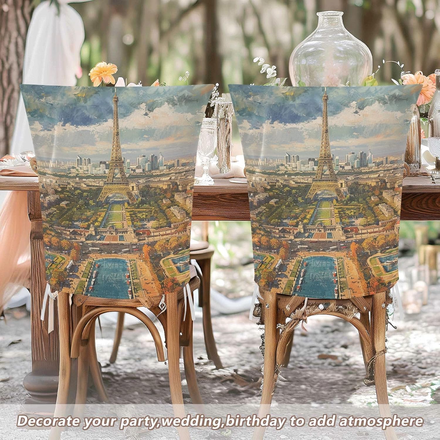 ALAZA Vintage Eiffel Tower View Chair Back Cover Set of 6, Washable Reusable Removable Chair Slipcovers Decorative Chair Cover for Home Kitchen Wedding Party