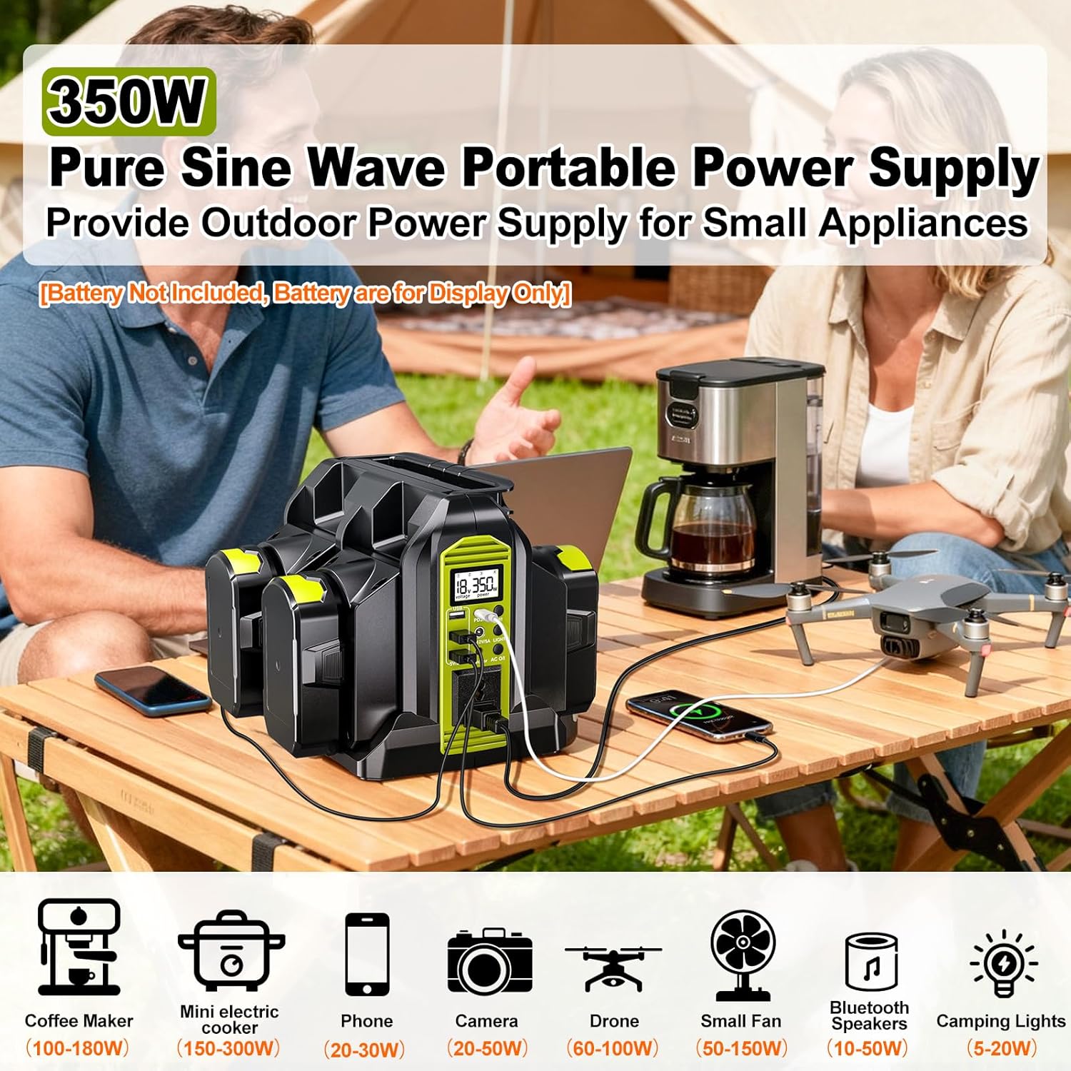 Power Inverter 4 Port for Ryobi 18V Battery, 350W Power Battery Inverter Pure Sine Wave, DC 18V to AC 110-120V and USB-A & USB-C Port for Camping, Jobsite, Emergency Backup (Tool Only)