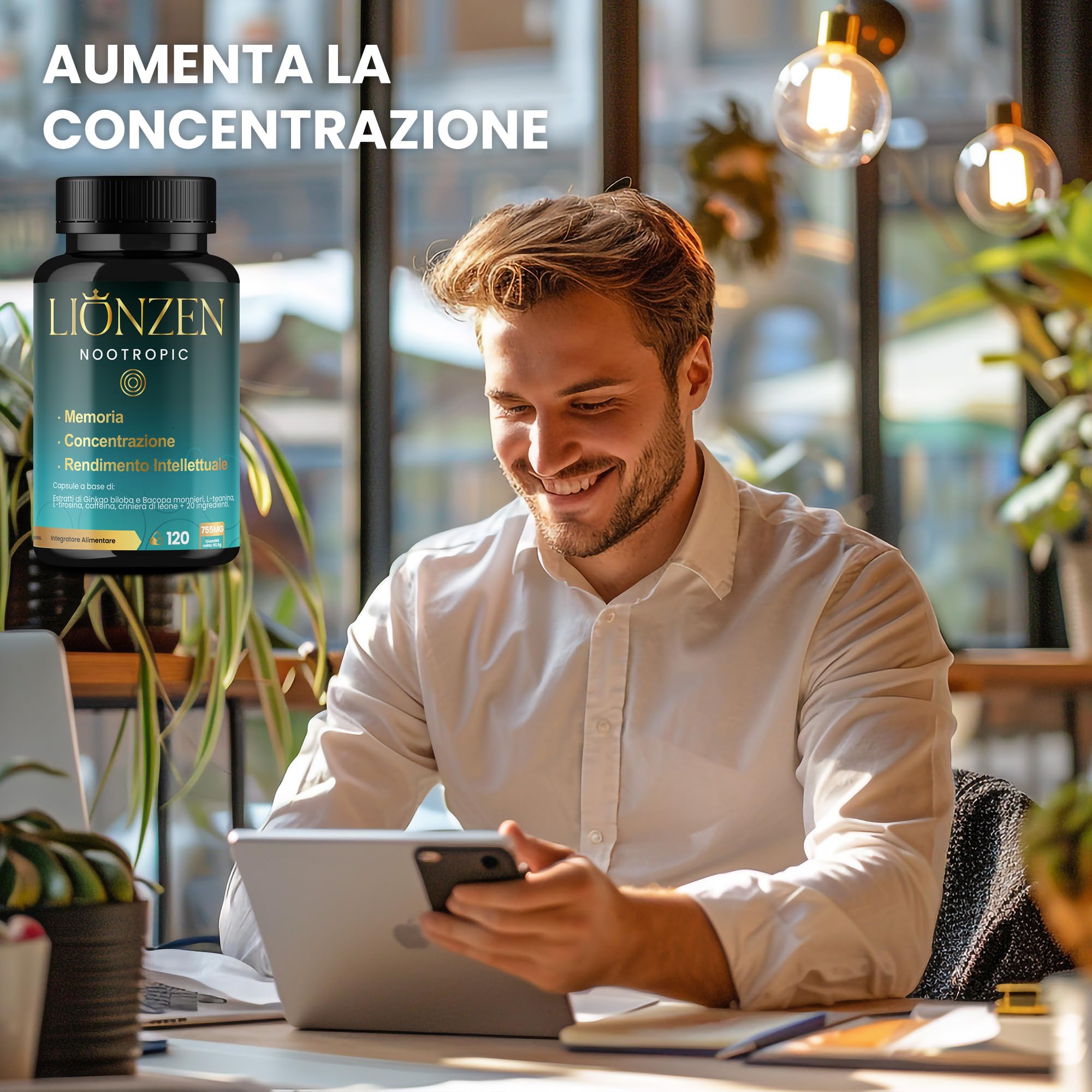 Nootropico concentrato Memoria e Concentrazione | +23 ingredienti naturali: Bacopa, Ginkgo Biloba, Caffeina, Hericium Erinaceus, Vitamine, Magnesio, L-Tirosina, Ashwagandha, Ginseng
