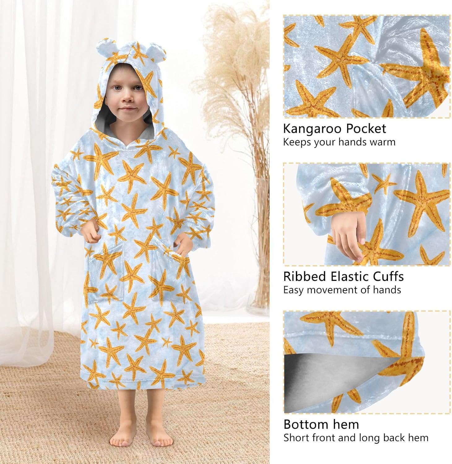 Watercolor Starfish Orange Pattern Wearable Blankets for Kids, Soft Warm Cozy Blanket Hoodie for Boys Girls with Pocket