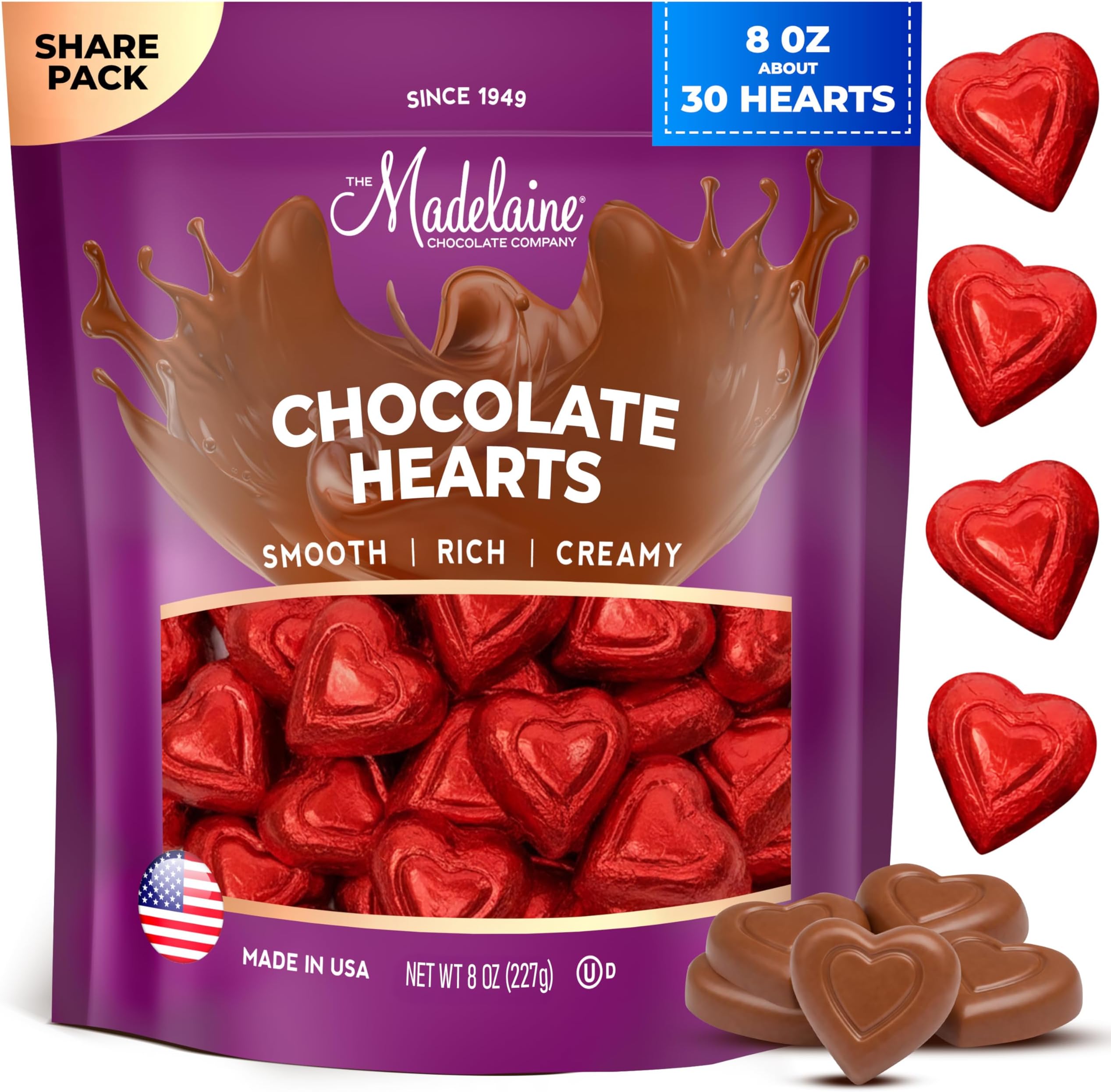 Madelaine Milk Chocolate Mini Hearts, Individually Wrapped Red Foil – Valentine’s Day Candy for Kids Classroom, Gifts & Treat Bags, 8 Oz
