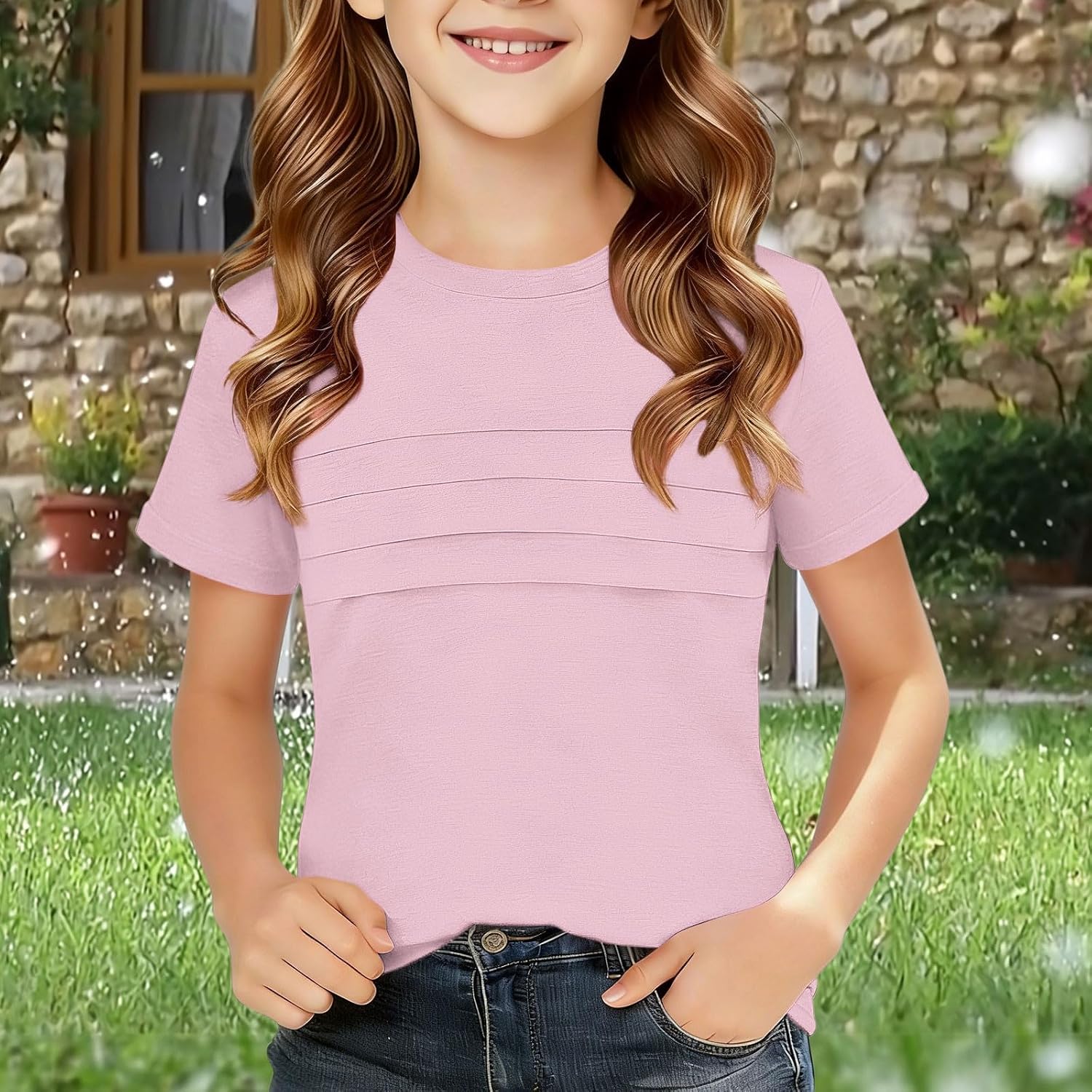 Girls Summer Short Sleeve Shirts Ruched Crewneck Basic Plain T-Shirt High Elastic Trendy Casual Blouse Cute Tops