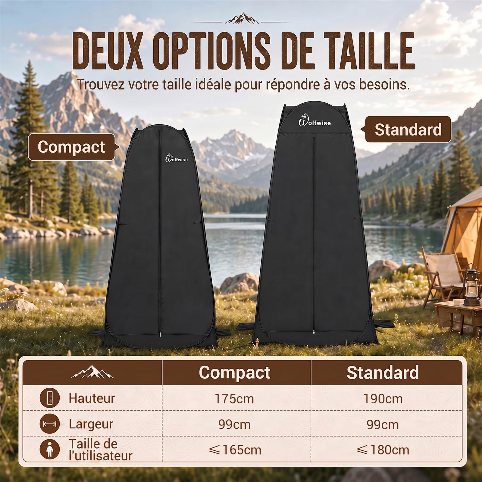 WolfWise Tente de Douche Pop Up Toilette Cabinet de Changement Camping Abri de Plein Air Vestiaire Extérieure Intérieure Portable, Largeur 40" (101 cm), Hauteur 75" (190 cm), Noir
