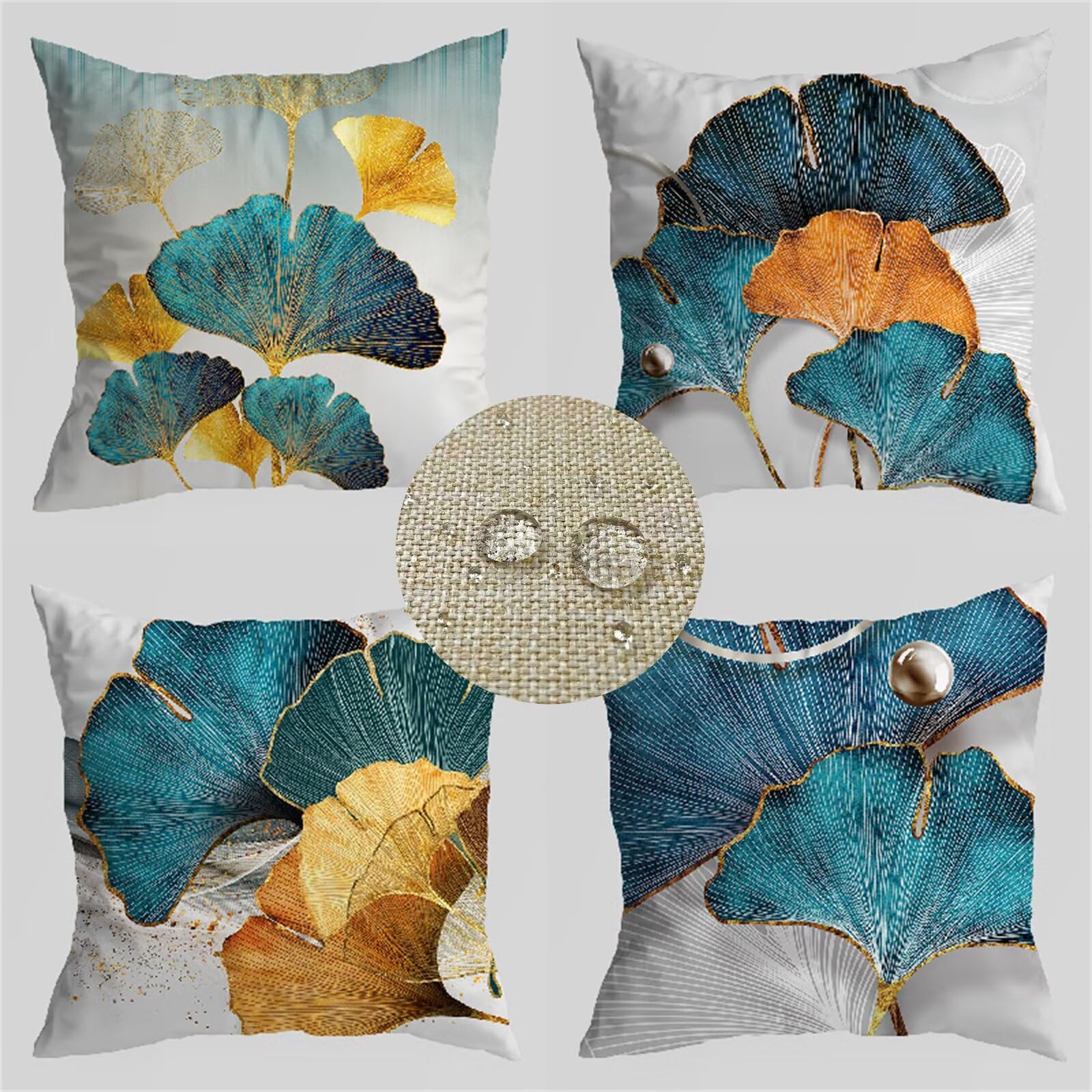 Housse de coussin imperméable 30x30 ginkgo biloba pour coussin canapé extérieur turquoise