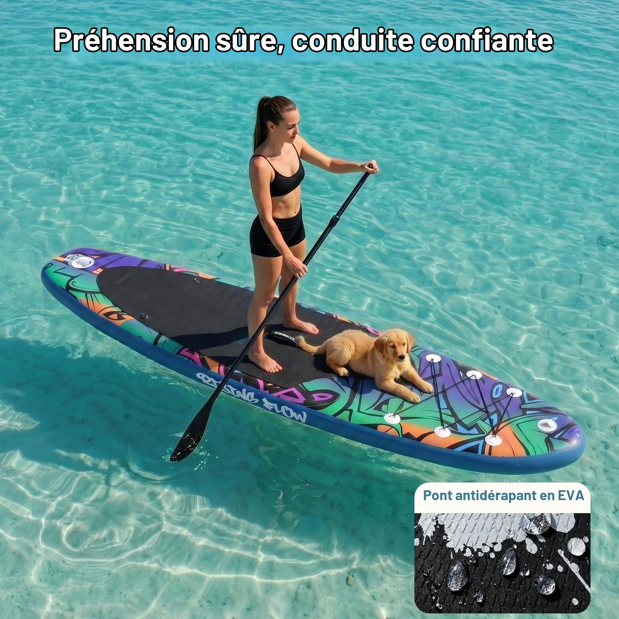 SereneLife Stand Up Paddle Gonflable Adulte 6” – Planche de Paddle avec Accessoires Sup, Sac de Transport, Pont Antidérapant, pour Mer, Lac, Rivière