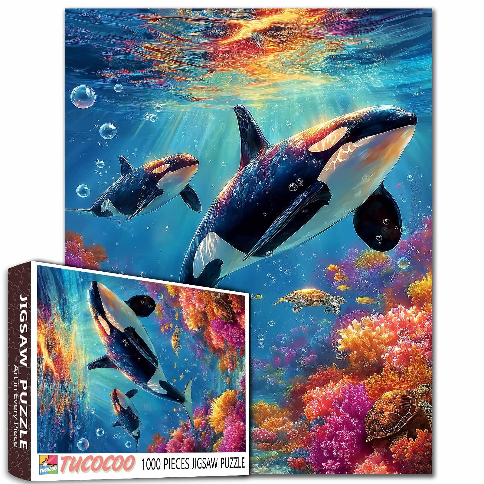 Orca Whales 1000 Piece Ocean Puzzle Sea Turtles & Vibrant Coral Reef Scene, Challenging Jigsaw Puzzle for Adults Family Fun Educational Puzzle