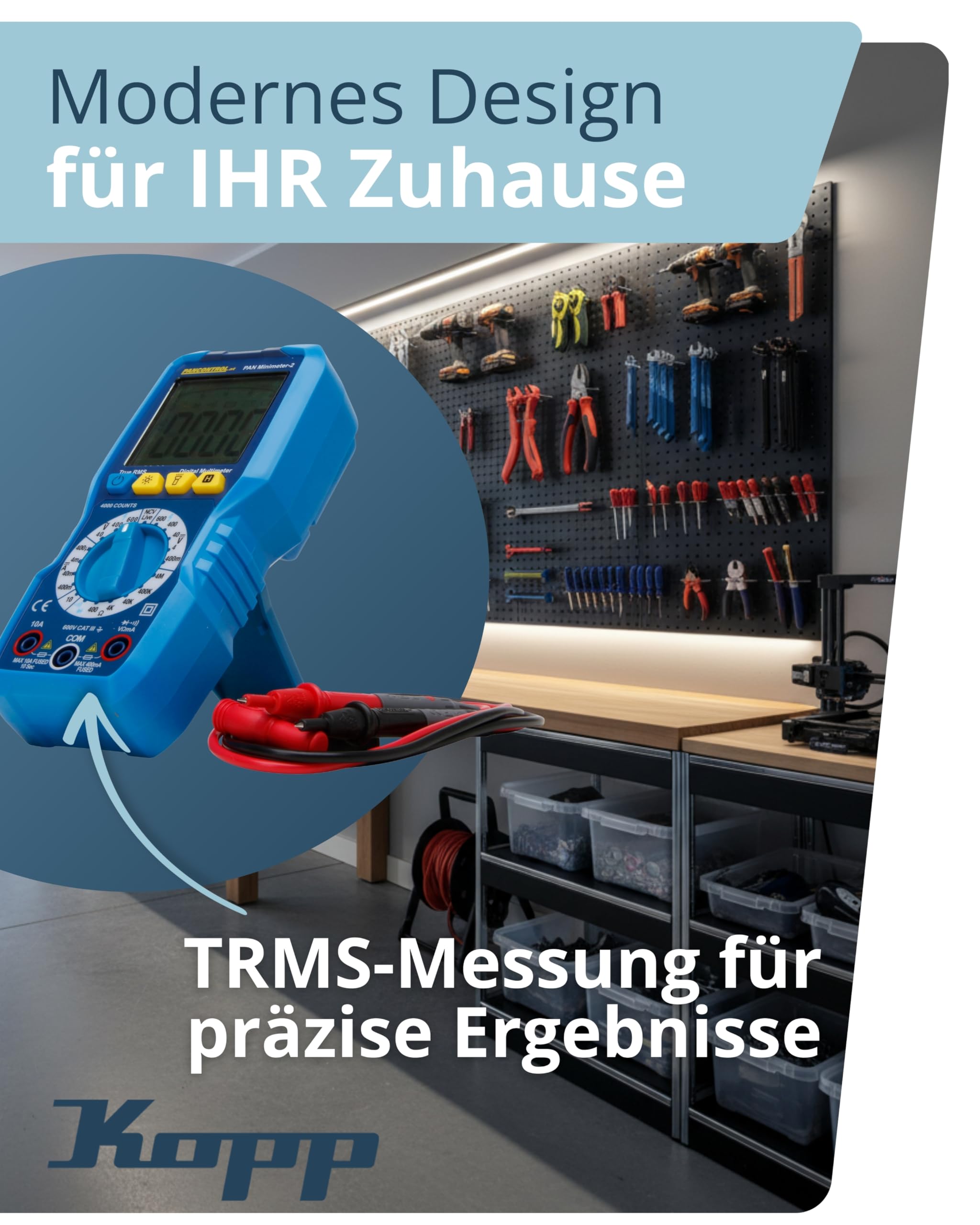 Kopp PAN Minimeter-2 Digital-Multimeter CAT III 600 V – Multimeter mit kontaktlosem Spannungs- & Durchgangsprüfer – Beleuchtete Anzeige mit Analogbalken – LED-Taschenlampe & TRMS