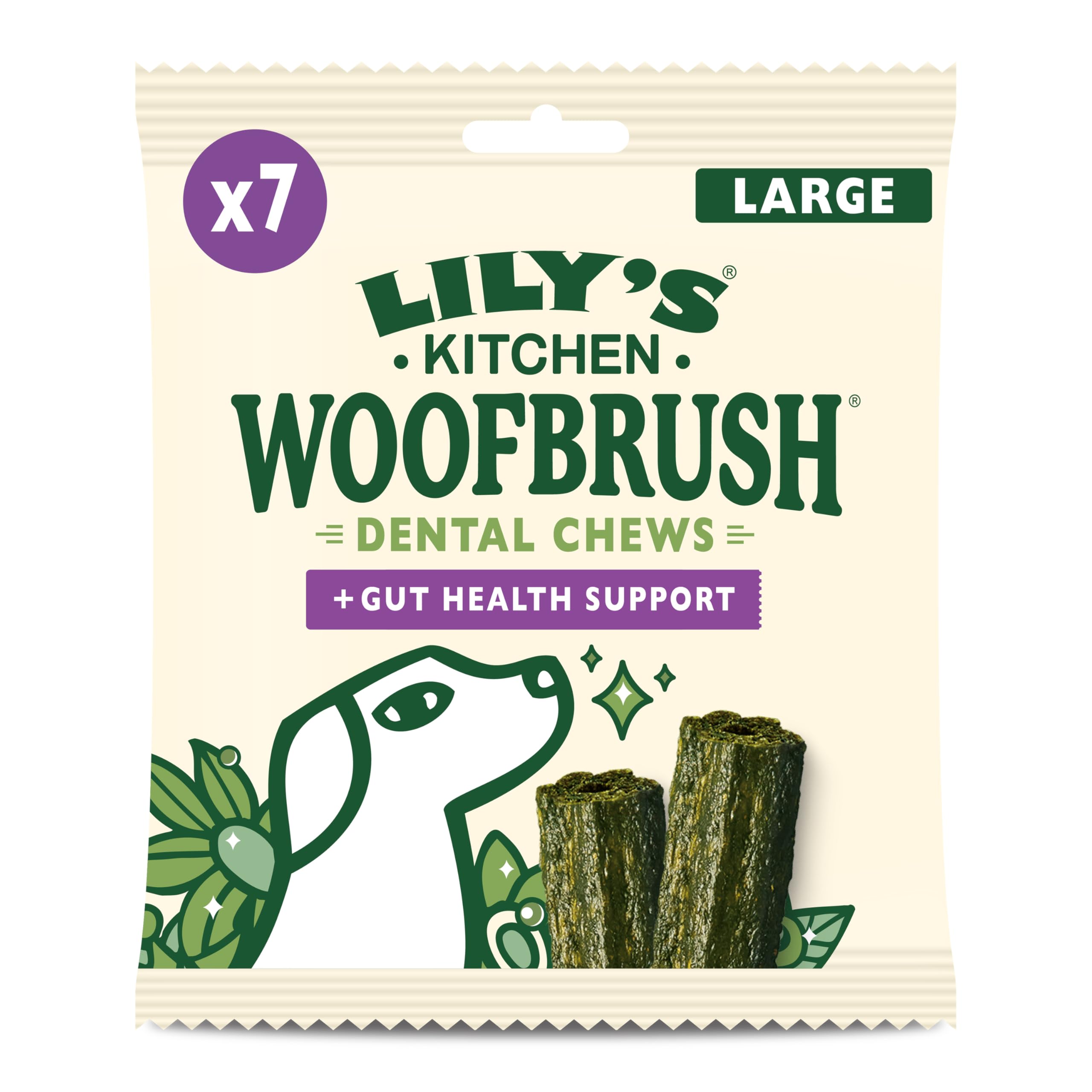 Lily’s Kitchen Woofbrush Gut Health Support Large Dental Dog Chew, Adult Dog 5xPacks(329g), Grain-free Recipe, With Natural Ingredients, for Large Dogs