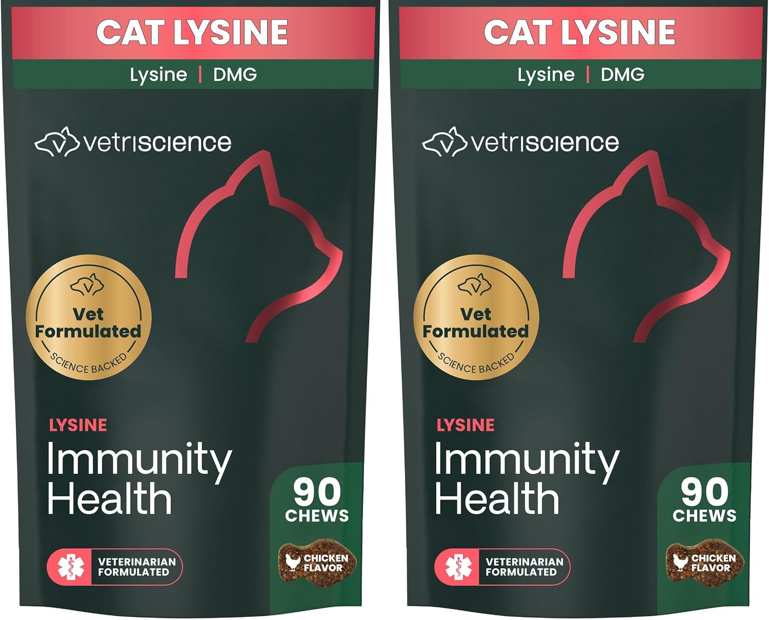 VetriScience Lysine Immunity Health Chews, 250 mg Lysine Plus Immune Supplement for Cats and Kittens with Allergies, Sneezing, Runny Nose and Watery Eyes, Chicken,90 Count (Pack of 2)