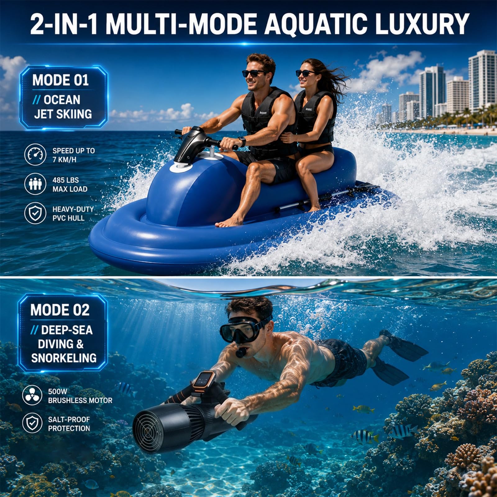 Scooter sous-Marin Électrique 500W et Jet Ski Gonflable pour 2 Personnes Combo, Bateau à Moteur avec Rame Pompe, Flotteur de Piscine Motorisé pour Adultes