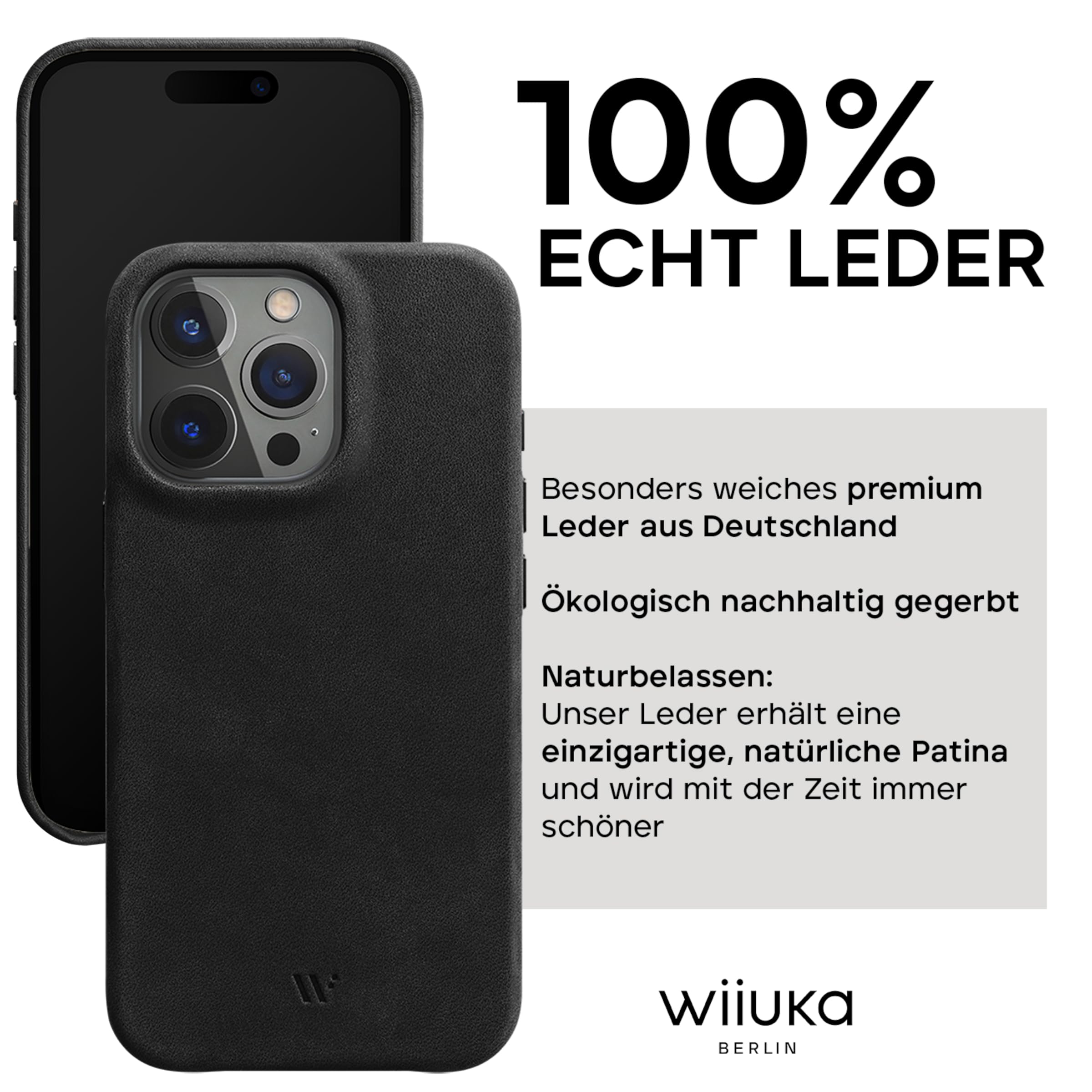 WIIUKA Case for iPhone 15 Pro, Leather from Germany, Leather Extra Thin, Premium Mobile Phone Case, Qi, Vintage Black - Image 2
