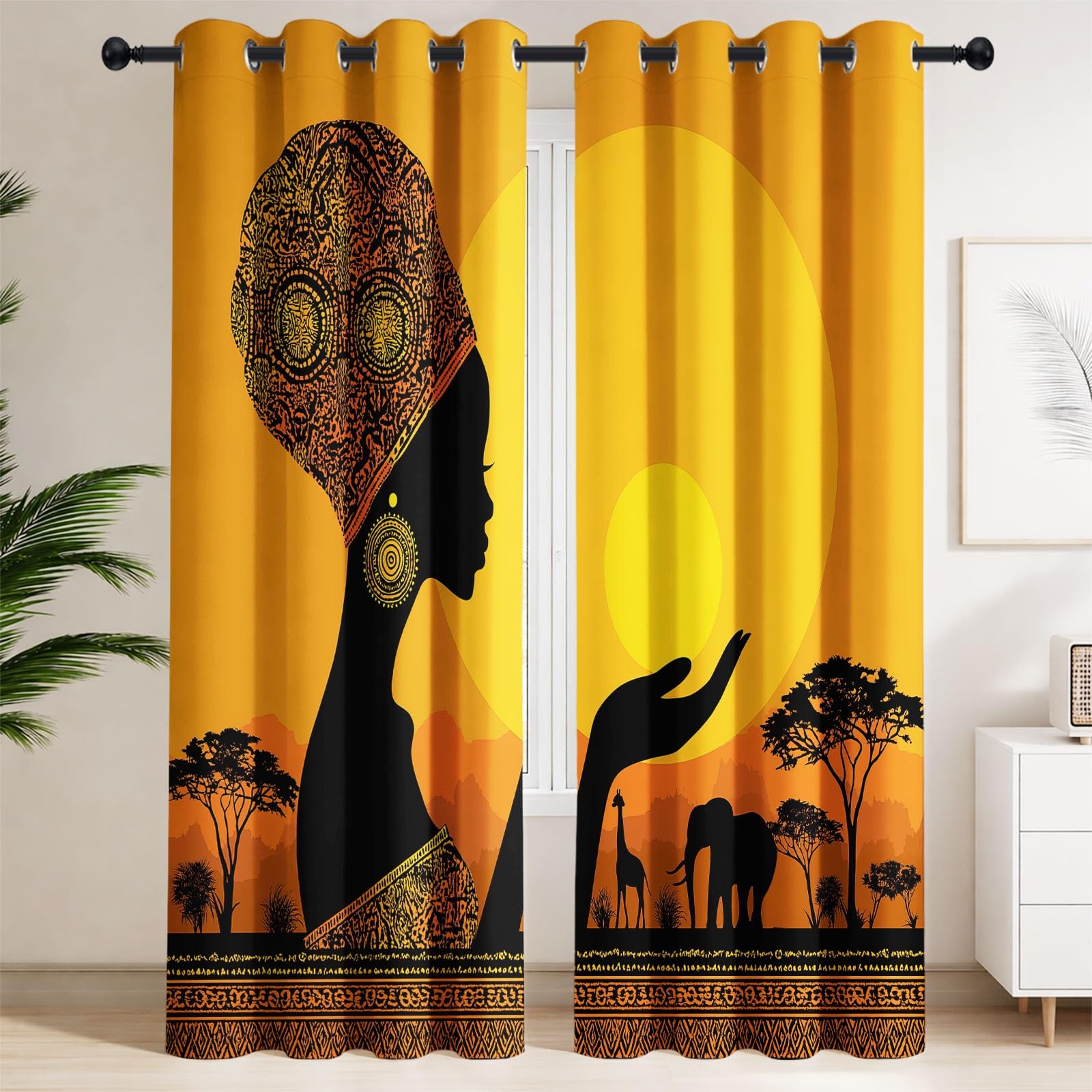 Rideau Thermique Style Africain, Rideau Occultant Fille Silhouette Coucher de Soleil L 110 x H 215 cm, Rideaux et Draperies Intérieurs à Oeillets Rideau, Rideaux Chambre Salon Fenetre,