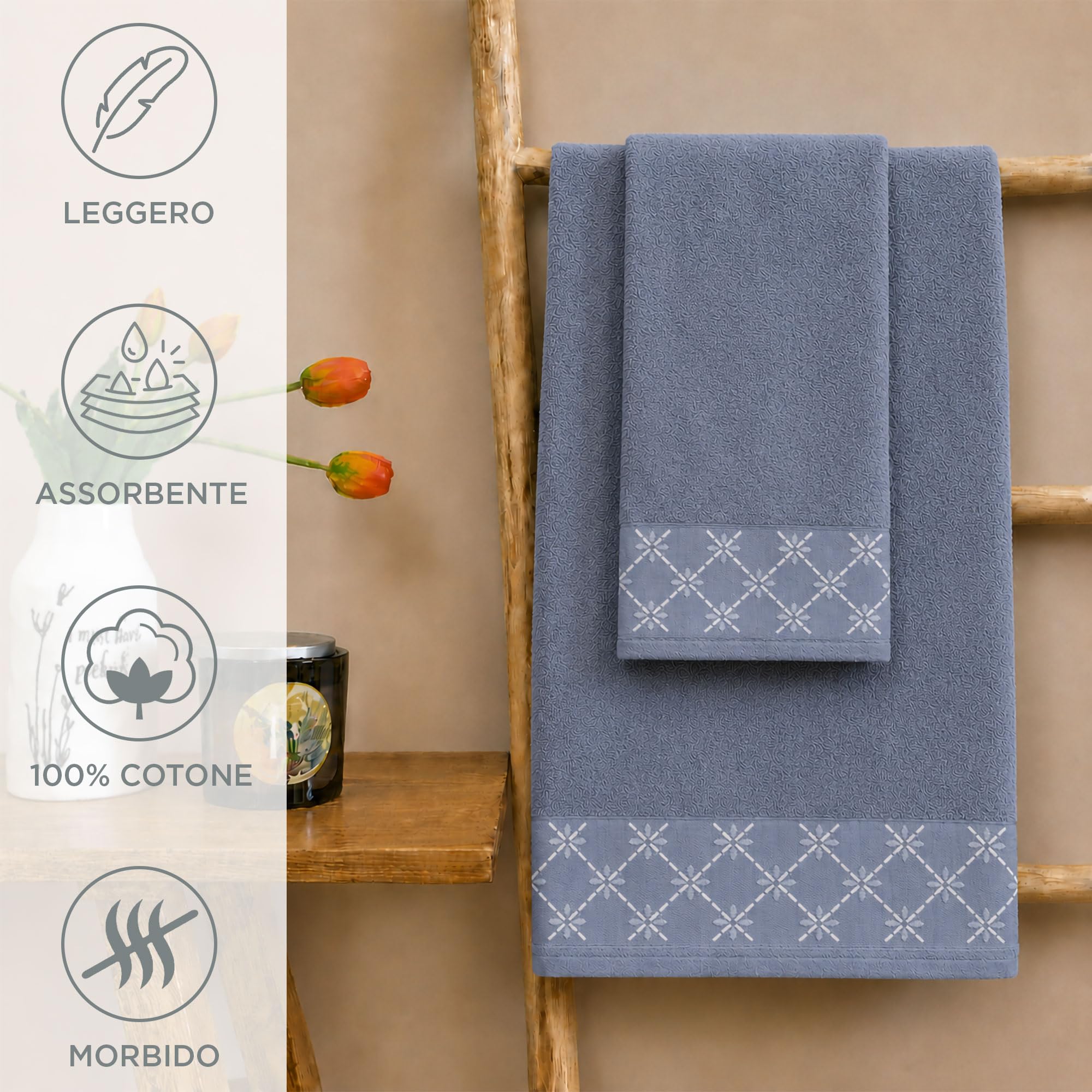 Toallas de baño para cara y bidé de puro algodón, juego de 12 unidades, 6 + 6 bordadas, de suave rizo de 400 g, cara de 55 x 100 cm e invitados 40 x 60 cm