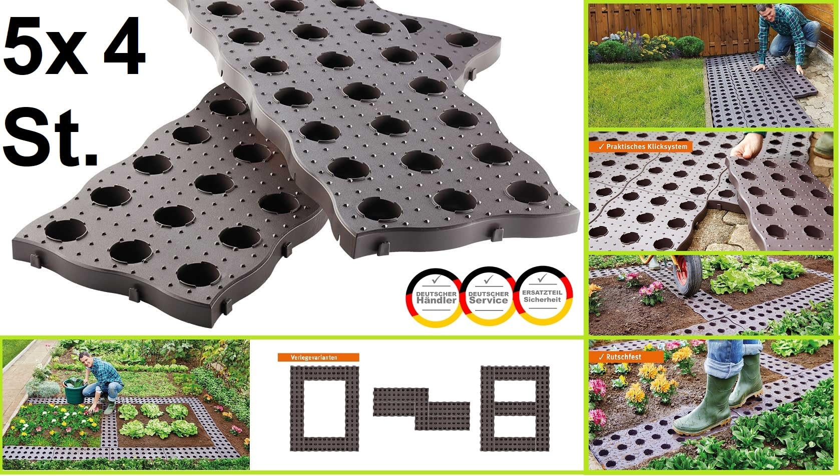 Yerd Garantia Maxi Beetplatten (Gartenplatten) 5er Set, 700 x 240 x 25 mm - einfach und schnell, trittsicher und flexibel - 240400