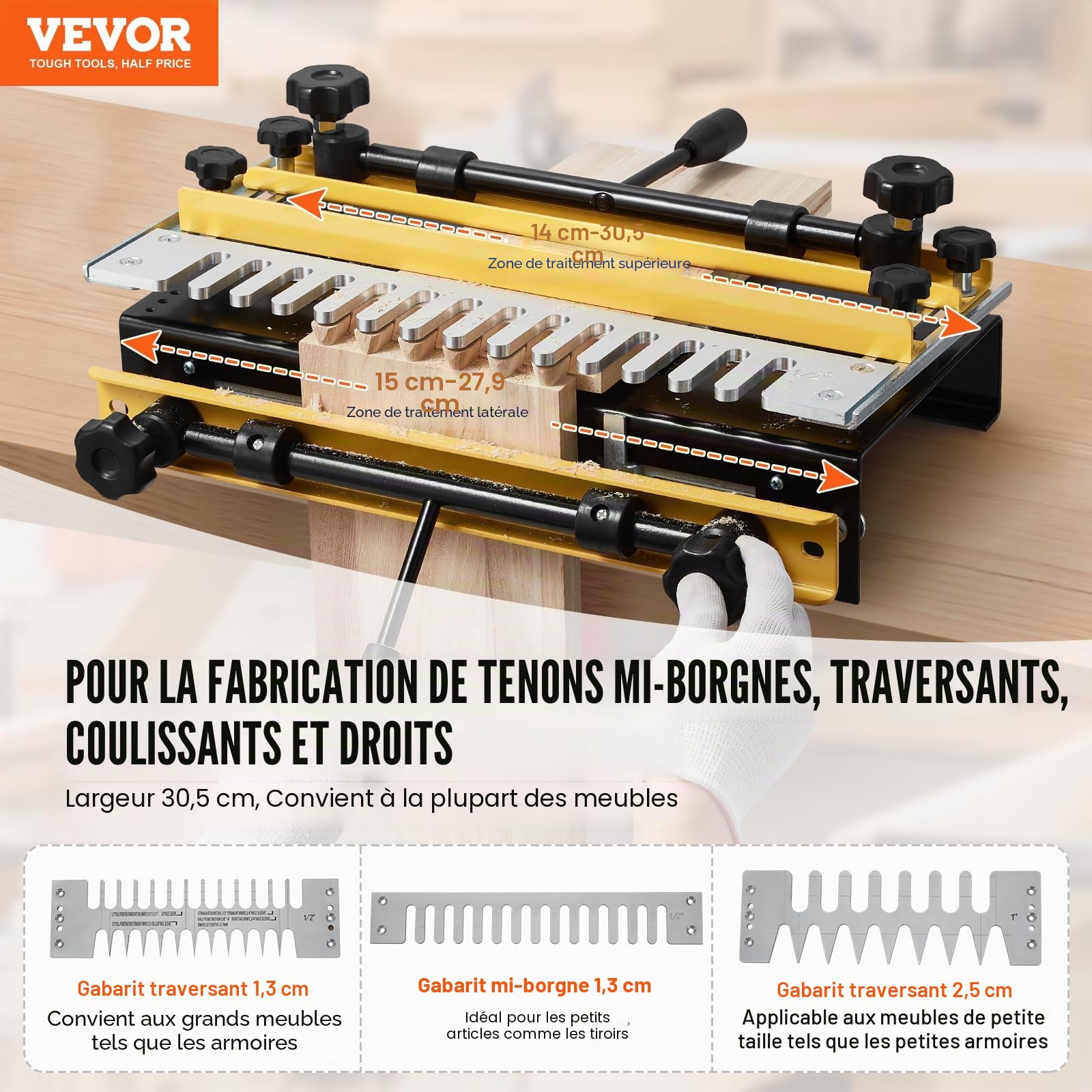 VEVOR Gabarit à Queue d'Aronde Largeur 310 mm Gabarit de Défonceuse à Queue d'Aronde Outil Menuiserie pour Tenons et Mortaises, Fabrication Meubles Bois, avec 3 Gabarits 5 Fraises, Alignement Précis
