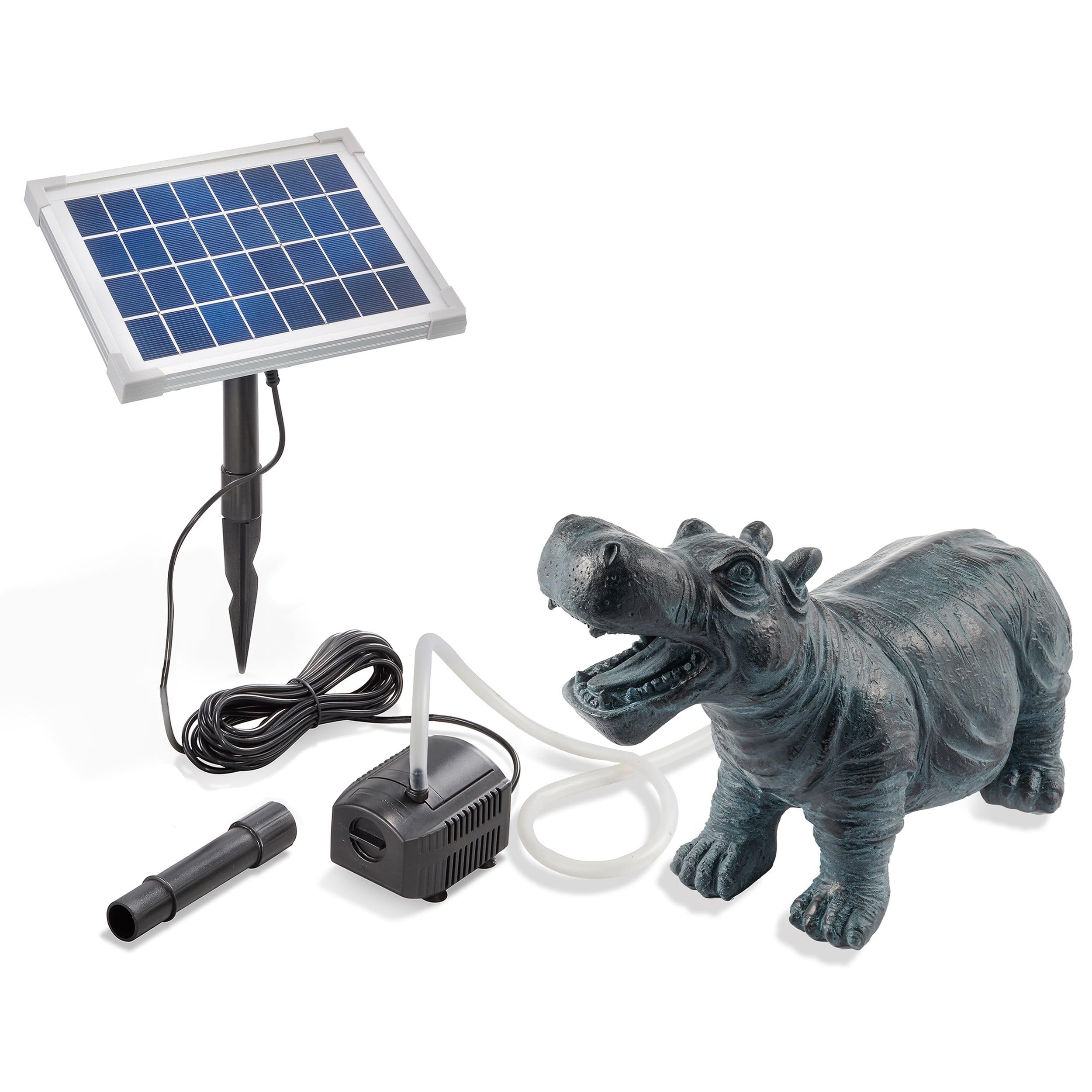 Esotec Solar Wasserspeier Set Hippo Nilpferd, Solarpumpe, Teichfigur Gartenfigur Gartenstatue, Tauchpumpe, Gartenbrunnen, Springbrunnen für außen Outdoor, Vogeltränke H=20cm 101658