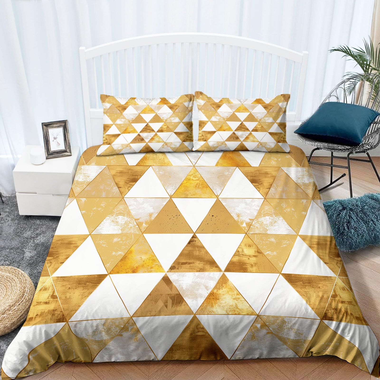 Funda Nordica para Cama 150 220x240 cm Cuadrícula Geométrica Amarilla 3D Funda de Polialgodón para Edredón con 2 Fundas para Almohada 50x75 cm, Suave y Transpirable Juego de Funda Nordica