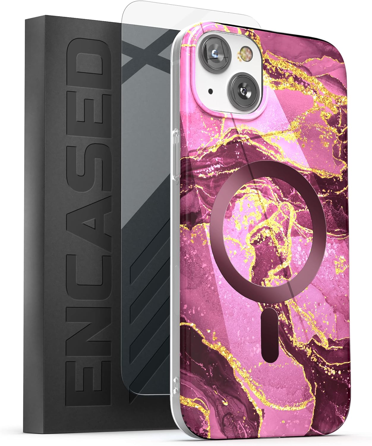 ENCASED Magnetic iPhone 14 Case for Women with Screen Protector - Pink Purple Marble (Compatible with MagSafe)
