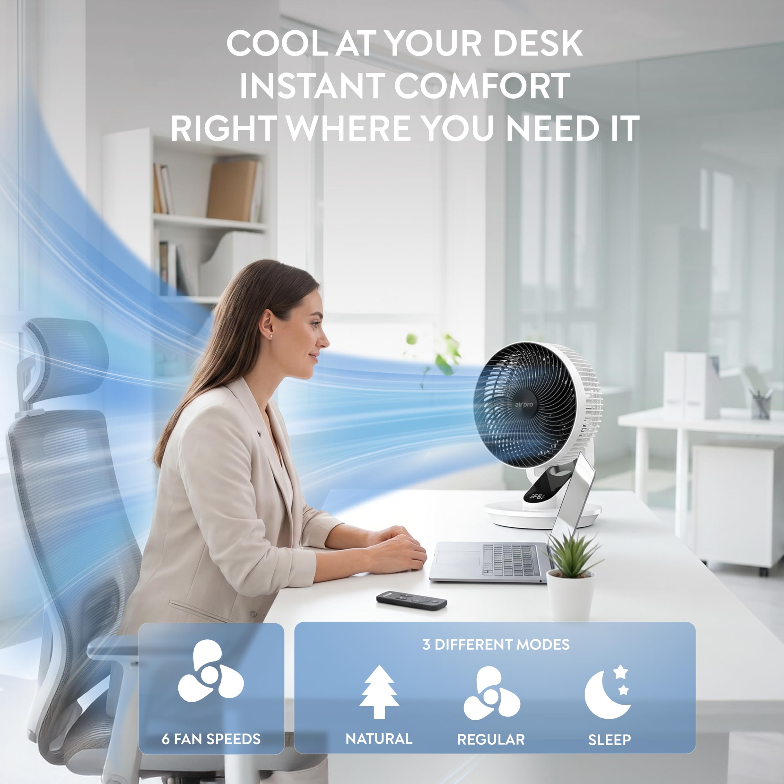 Air Pro 10" Desk Fan SmartVoice™ & Remote Control 3D Oscillation Fan 12 HR Timer, Quiet Copper Motor Air Cooling & Circulator Table Fan - Small Fan with 6 Speeds Mini Desktop Fan Office Home Bedroom