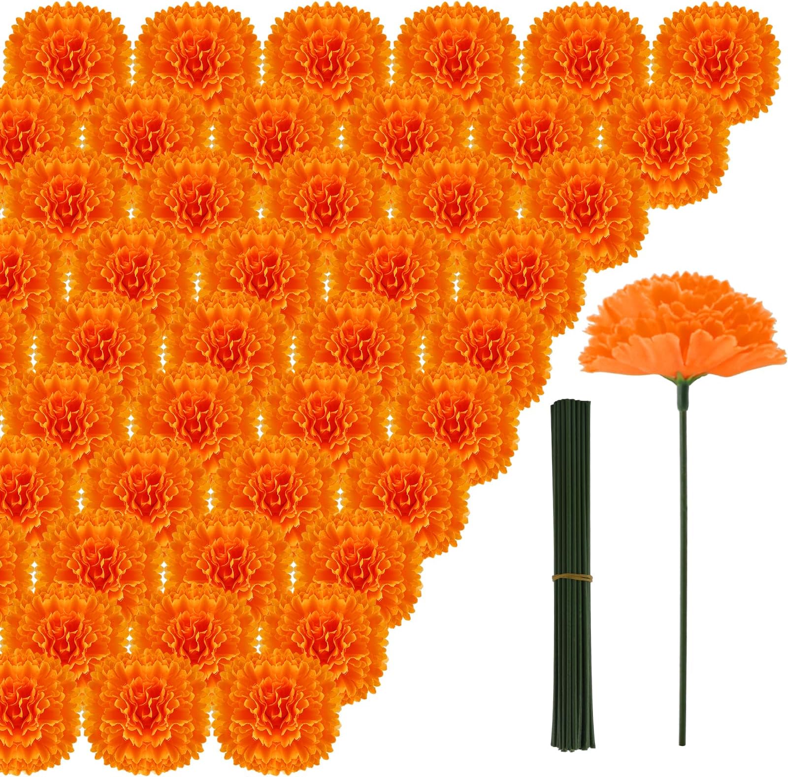 Hananona 50 Pcs Marigold Flower Heads Bulk, Silk Marigold Heads Artificial Flowers for Diwali Home Decor DIY Wreath Garland Craft Wedding Party Decoration Halloween Christmas (50, Orange)