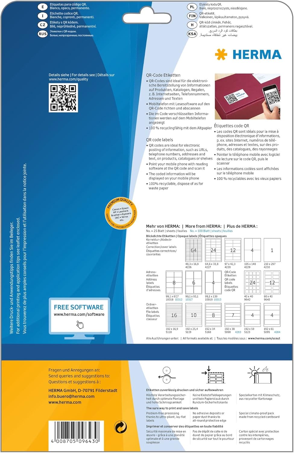 HERMA Self-Adhesive QR Code Labels - 12 per A4 Sheet, 25 Sheets, 80 x 40 mm, 300 Total - Blank Opaque Product Code Stickers for Laser & Inkjet Printers, White
