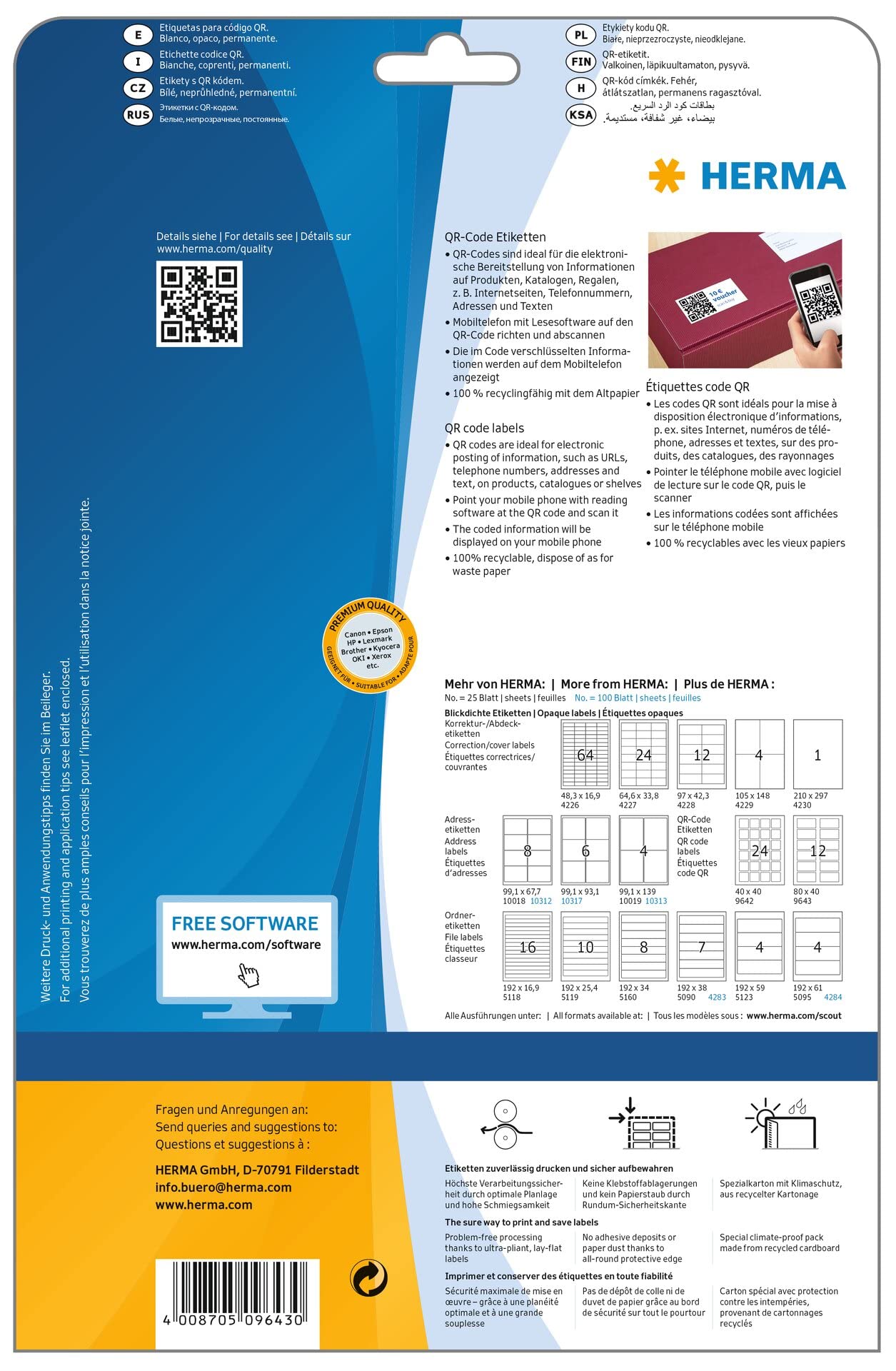 HERMA 9643 QR Code Etiketten blickdicht, 800 Blatt, 80 x 40 mm, 12 pro A4 Bogen, 9600 Stück, selbstklebend, bedruckbar, matt, blanko Papier QR-Code Klebeetiketten Aufkleber, weiß