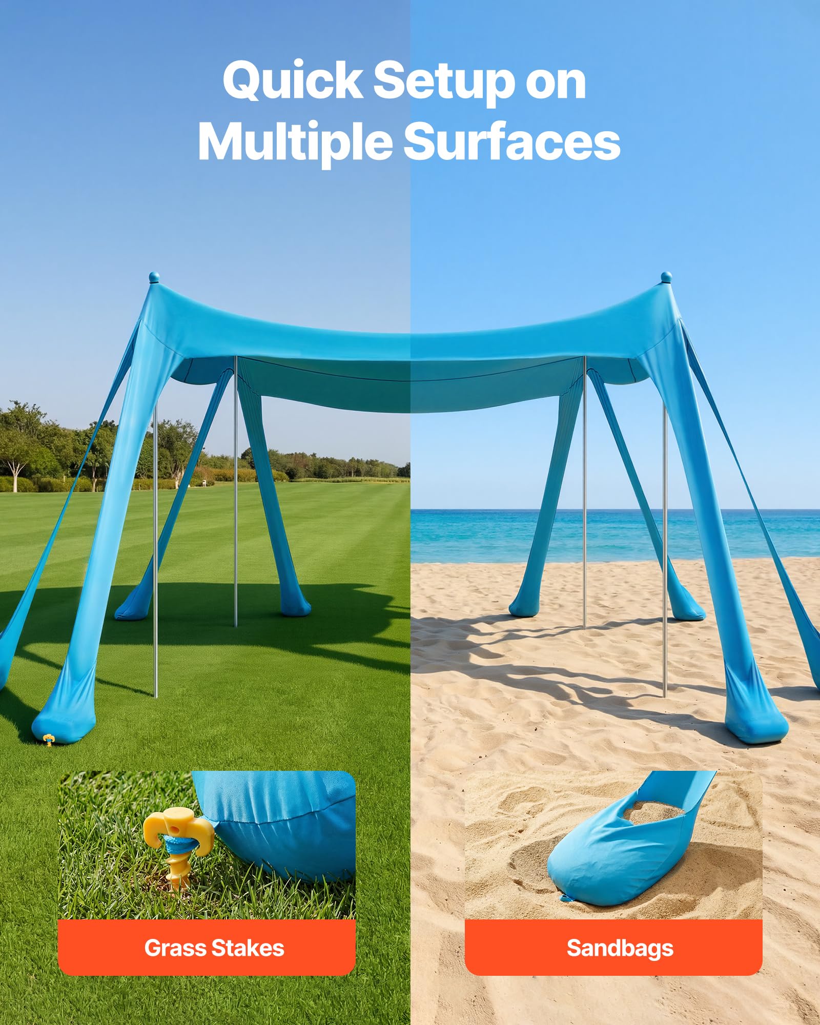 VEVOR Tenda Parasole da Spiaggia Protezione Solare UPF 50+ Portatile 3x3x2 m, Tenda da Spiaggia Parasole con Sacchi di Sabbia Ancoraggio Pali di Supporto, per Campeggio Viaggio Pesca, Blu