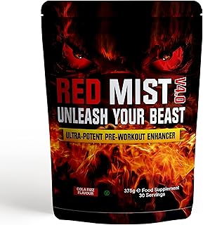 Boditronics RED Mist V4 375g Pre Workout Supplement with Citrulline Malate, Beta Alanine, Taurine, L-Arginine AKG, Creatine HCl, L-Tyrosine, Caffeine and Pine Bark Extract |Pre-Workout Powder
