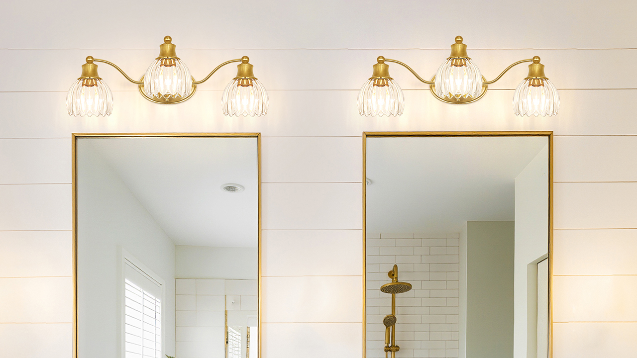 Image of Vintage Bathroom Vanity Light Fixture Over Mirror, 2-Light Brushed Gold Bathroom Wall Sconce with Clear Glass Shades, Antique 15in Gold Vanity Lighting for Bathroom, Farmhouse, Hallway, Dressing Room