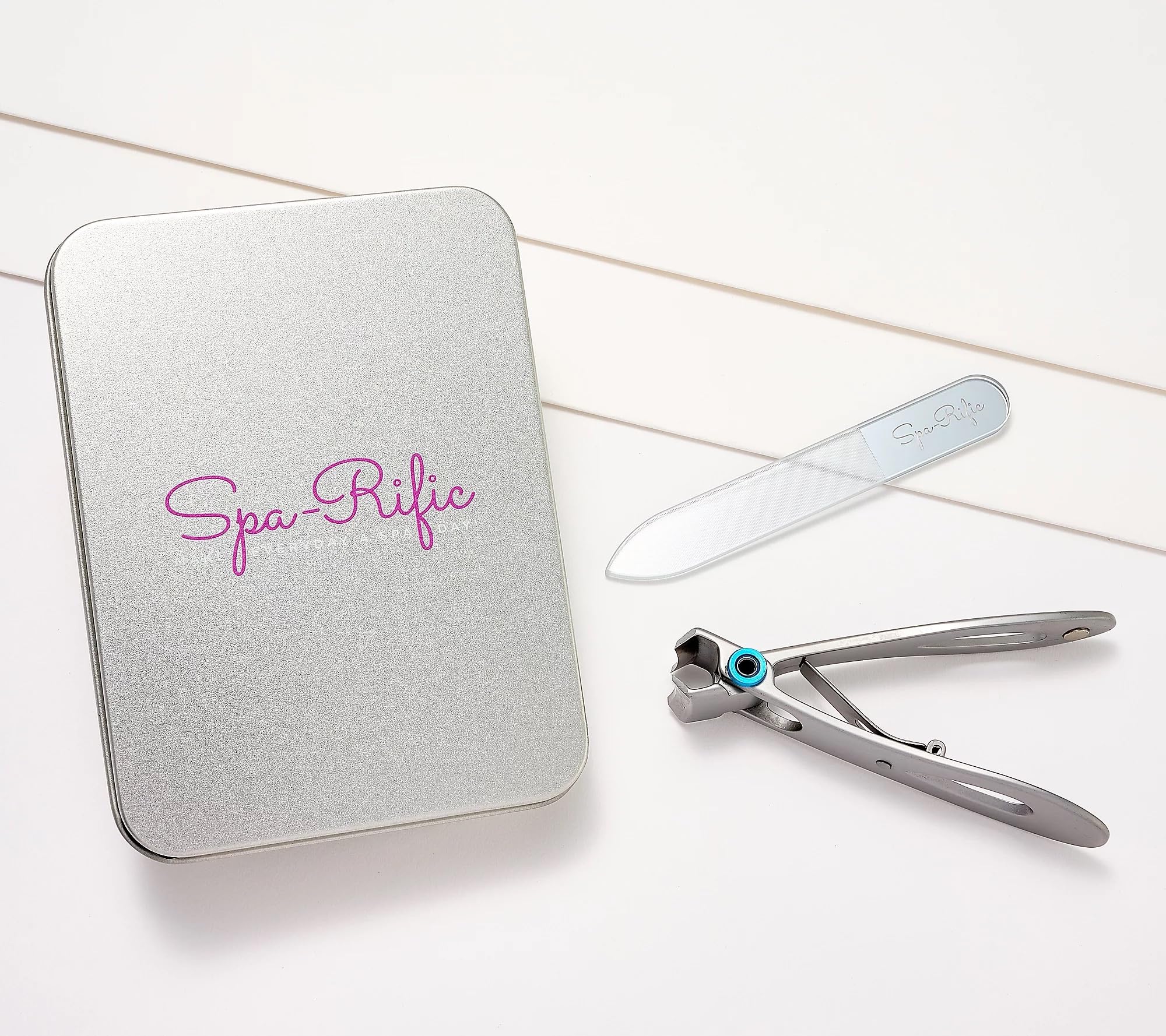 Spa-Rific Juego de 3 cortaúñas ergonómicos de mandíbula ancha y lima de uñas grabada con láser de nano vidrio, acero inoxidable