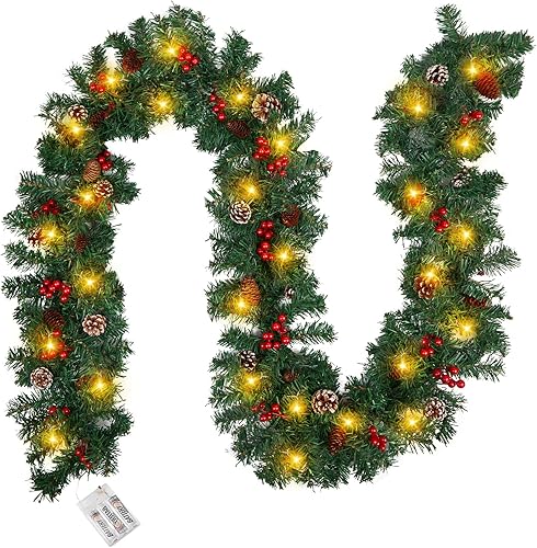 Guirnalda de Navidad para decoración de Navidad, guirnalda iluminada de 9 pies, cono de pino, bayas rojas, cono de pino nevado, guirnalda de Navidad