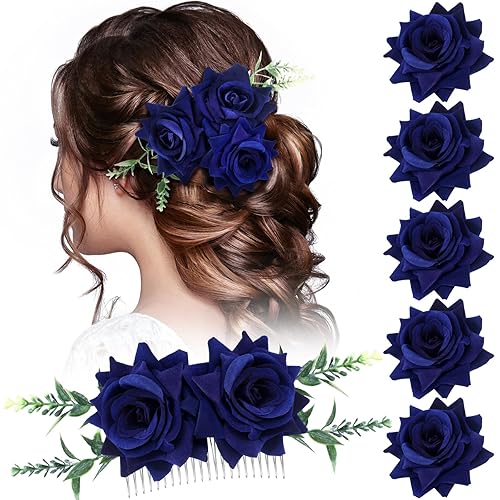 Geyoga Juego de pinzas para el cabello de flores, 6 piezas, accesorios para el cabello de rosas para mujeres y niñas, boda, fiesta de baile (azul