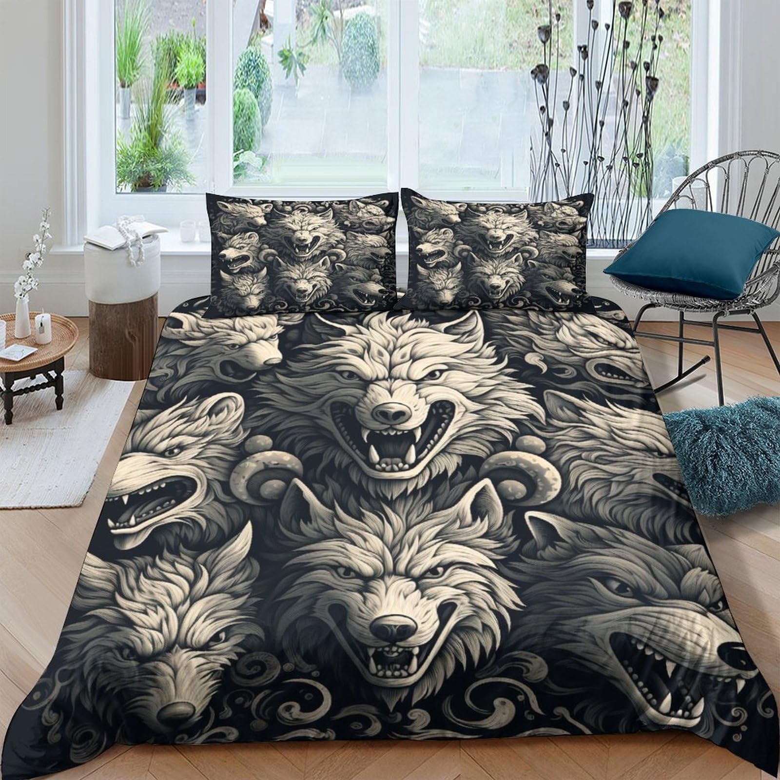 Housse de couette loup 220x240 cm parure de lit 3 pièces en microfibre avec taies