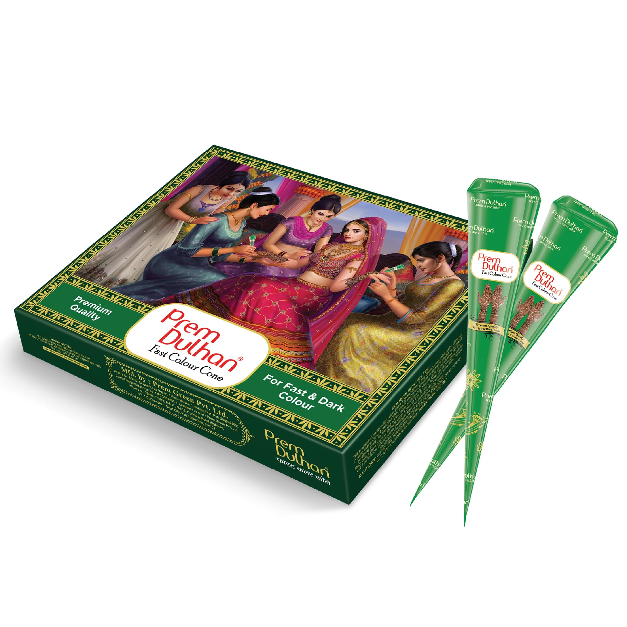 Prem Dulhan Hand Designing | instant Color cone for Hands | for Fast & Dark Colour | Long Lasting | For Men Women | 12 Pieces of 25gm | Fast Colour Cone - 300 GRM (Green)-image-37