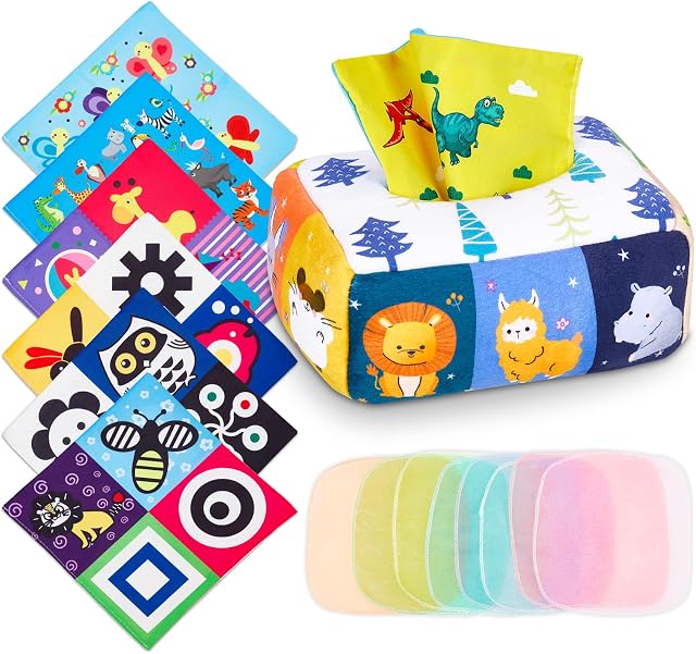 Januts Baby Tissue Box Toys Toddler Animals Montessori Sensory Toy for Autism with 6 Crinkle Tissue Papers and 8 Colorful Scarves Early Learning Fabric Educational Toys Preschool Gifts for 6-12 Months