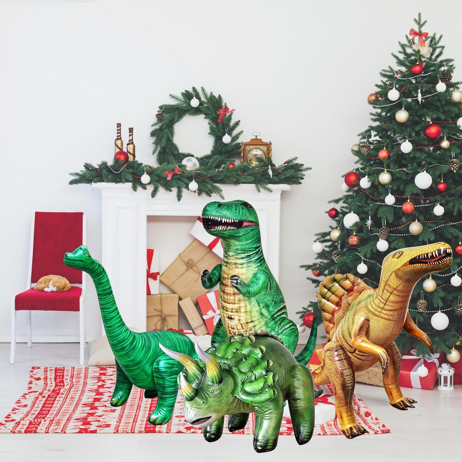 Jet Creations 4-pk Inflatable Dinosaurs Combo, T-rex Brachiosaurus, Spinosaurus, Triceratops. Great for Pool, Party Decoration. Size Range Approx. 37 to 53 inch, Multicolor