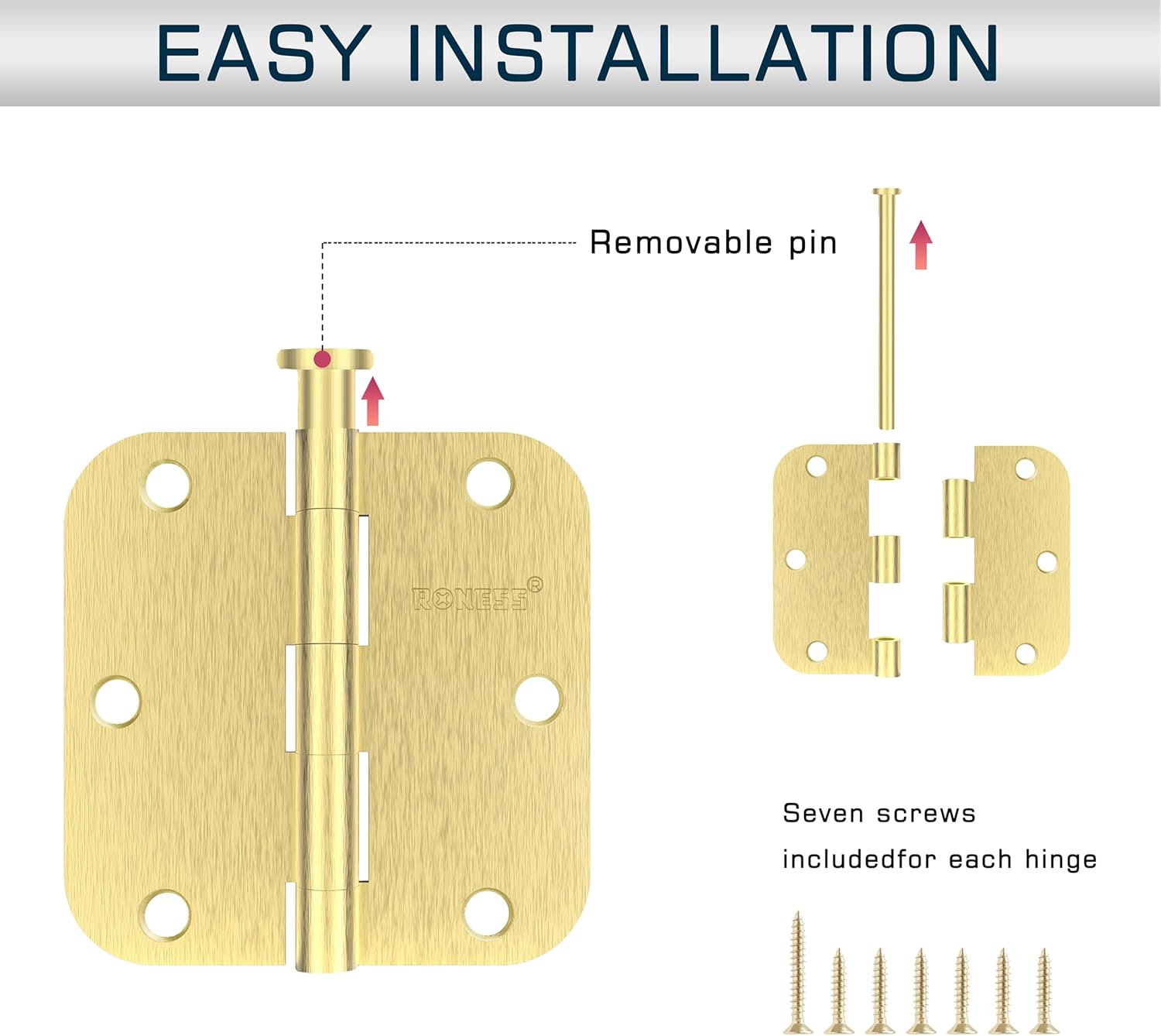 24 Pack Brushed Gold Door Hinges 3.5 Inch, 5/8" Radius Rounded, Standard Residential for Doors,Sturdy Hinges