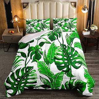 Erosebridal Tropical Comforter Set Queen Size,Green Palm Banana Tree Leaf Bedding Set Hawaiian Plant Botanical Bedding Comforter for Kids Teens Adults Watercolor Leaves Quilt Duvet Set 2 Pillow Cases
