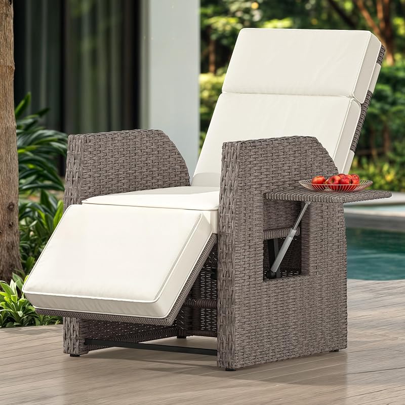 YITAHOME Outdoor Recliner Chair, Wicker Recliner Chair 150°Reclining, Beige image 4