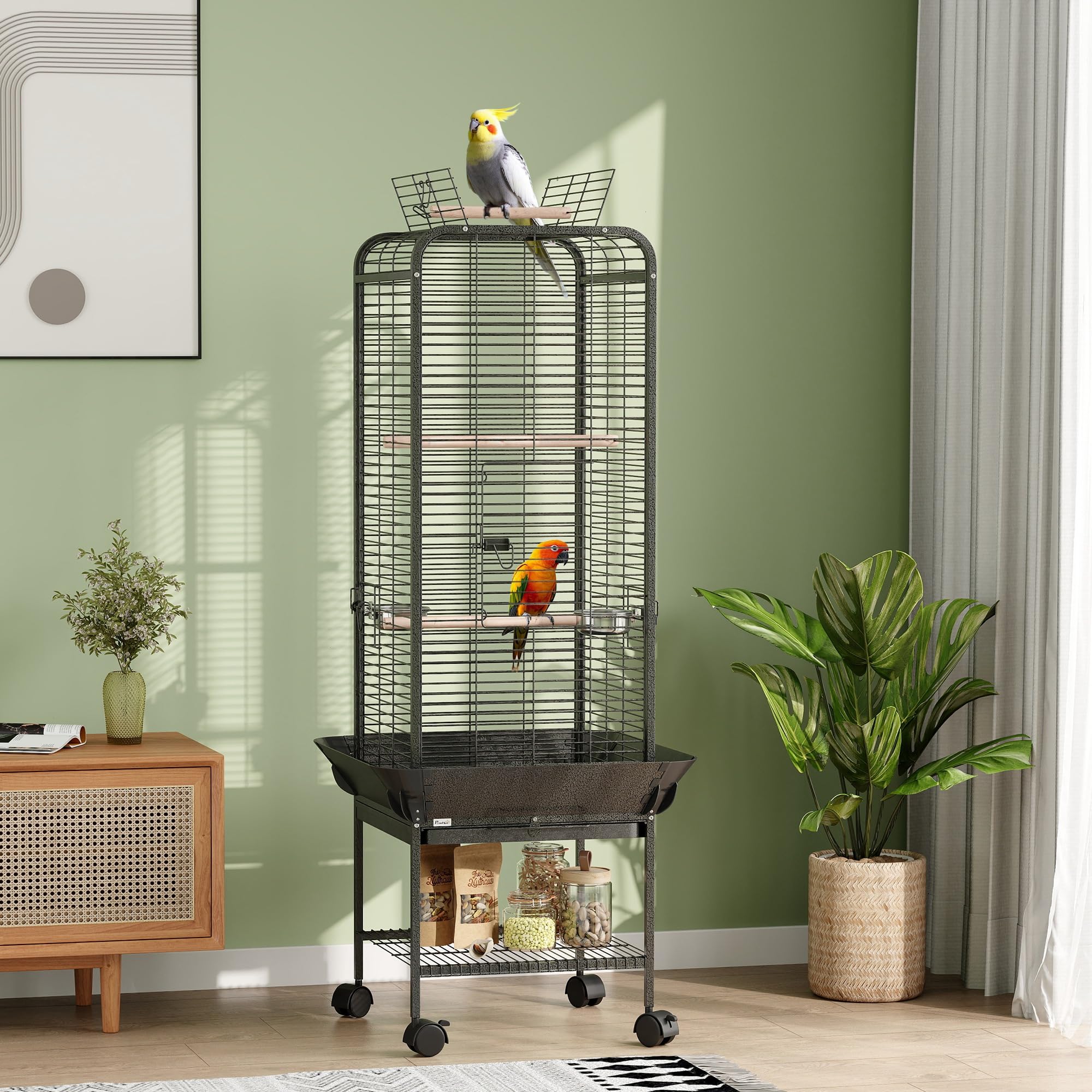 PawHut Gabbia per uccelli 62,5x62,5x146 cm Grigio scuro | Ruote, trespoli, mangiatoie, ripiano, vassoio rimovibile, per cacatua & pappagalli