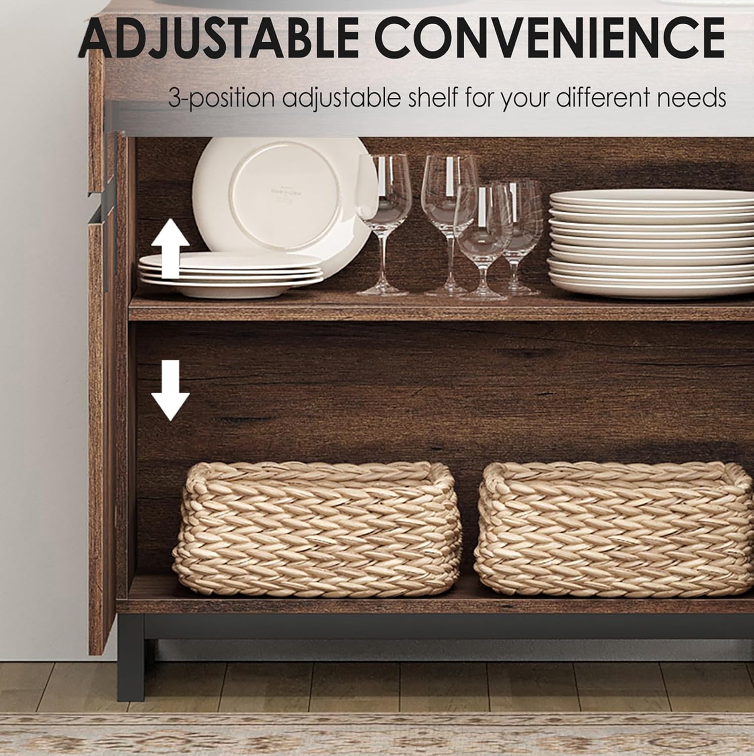WAMPAT Sideboard Buffet Cabinets, Modern Sideboard with Adjustable Shelf and Metal Base, Coffee Bar Cabinet Storage Cabinet for Living Room, Kitchen, Brown