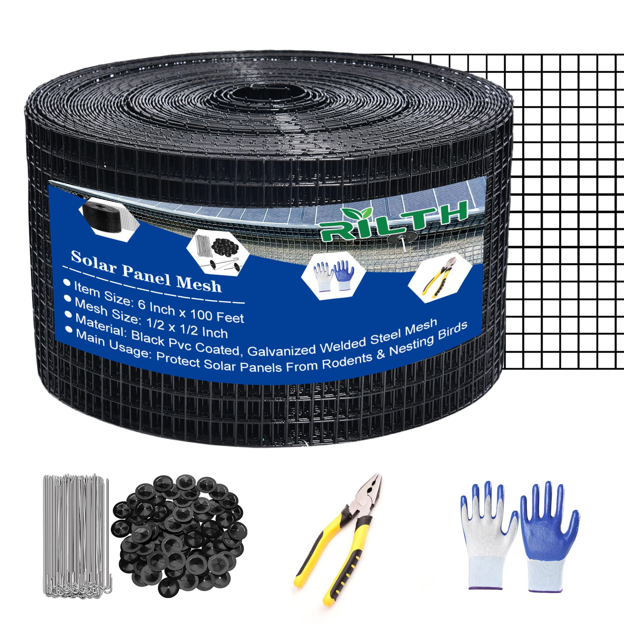 6in X 100ft Critter Guard for Solar Panels, 1/2inch PVC Coated Solar Panel Guard, Critter Guard Roll Kit for Solar Panel Wire Mesh, Black Pigeon Barrier with 120pcs Fasteners, Cutting Scissor, Gloves-image-6