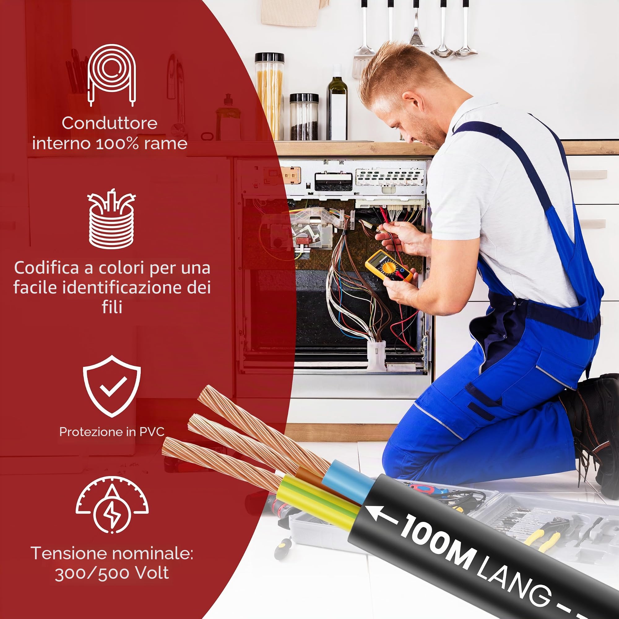 MAS Premium Da 5 a 100 m tubo flessibile in plastica H05VV-F 2, 3 o 5 x 0,75; x1; x1,5 o x2,5 e 4 G0,75, cavo flessibile per dispositivi (H05VV-F 3G1 SW, 100 m)