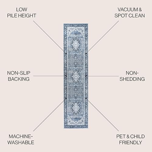Miniatura 2 de JONATHAN Y WSH108B-28 ASA - Alfombra de pasillo lavable a máquina, color azulcrema, de 2 x 8 pies, fácil de limpiar, no desprende pelusa, para el