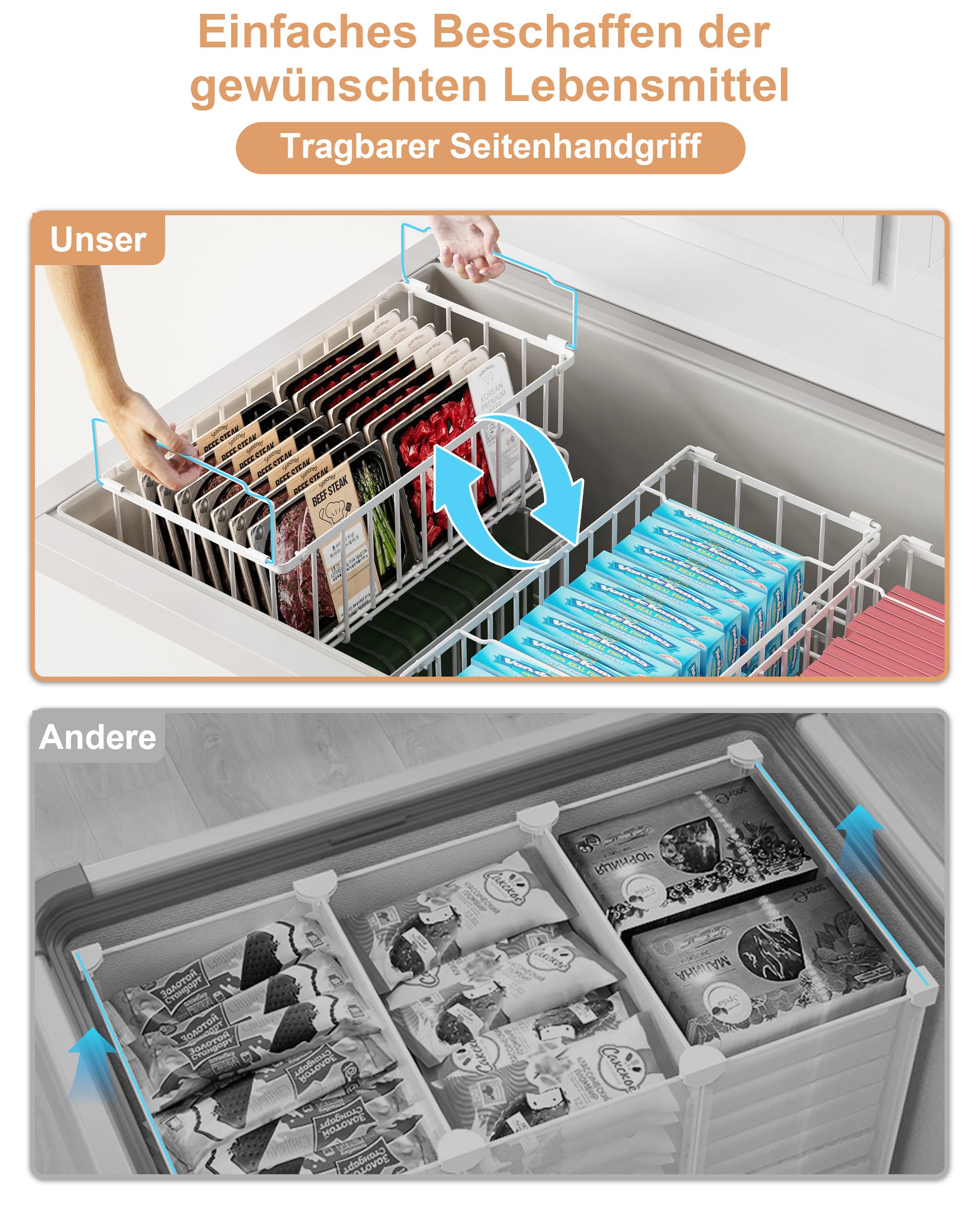 UMDONX Gefrierschrank Organizer Behälter, 8er Stapelbare Metallkorb Gefriertruhe Körbe für 198L,Gefrierschrank Gefriergut Sortieren, Einfacher Zugriff auf Tiefkühlkost Weiß(37x18x15cm)