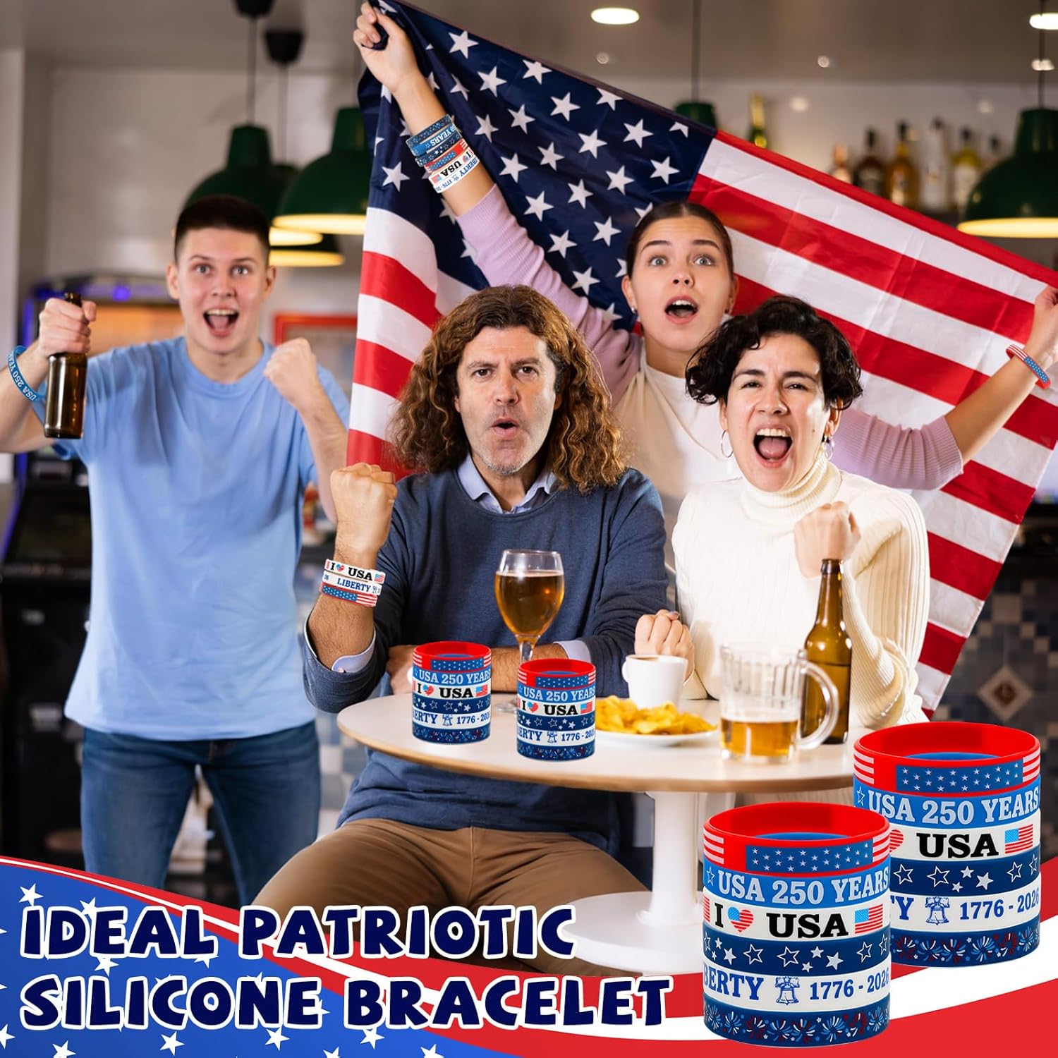 180 Pcs Independence Day Party Favors USA 250th Anniversary Silicone Wristbands Bulk 4th of July Patriotic Bracelets Liberty 1776-2026 Wristbands for Independence Day Gifts Decor Goodie Bag Fillers