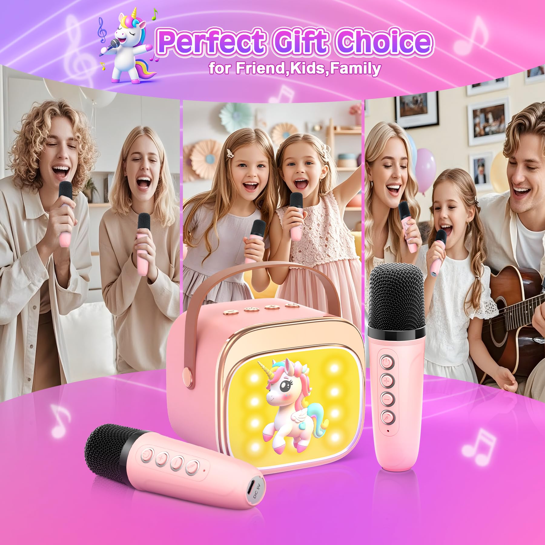 Karaoke con 2 Microfoni Bambini Macchina Musicale LED Regalo Bambine 3-12 Anni Unicorno