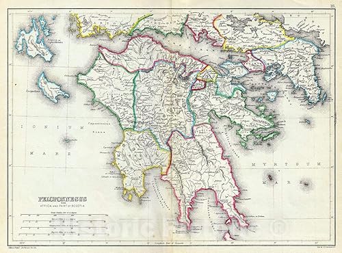 Mapa histórico mapa de Hughes de la península del Peloponeso o el sur de Grecia en la antigüedad, 1867, arte de pared vintage 24in x 32in