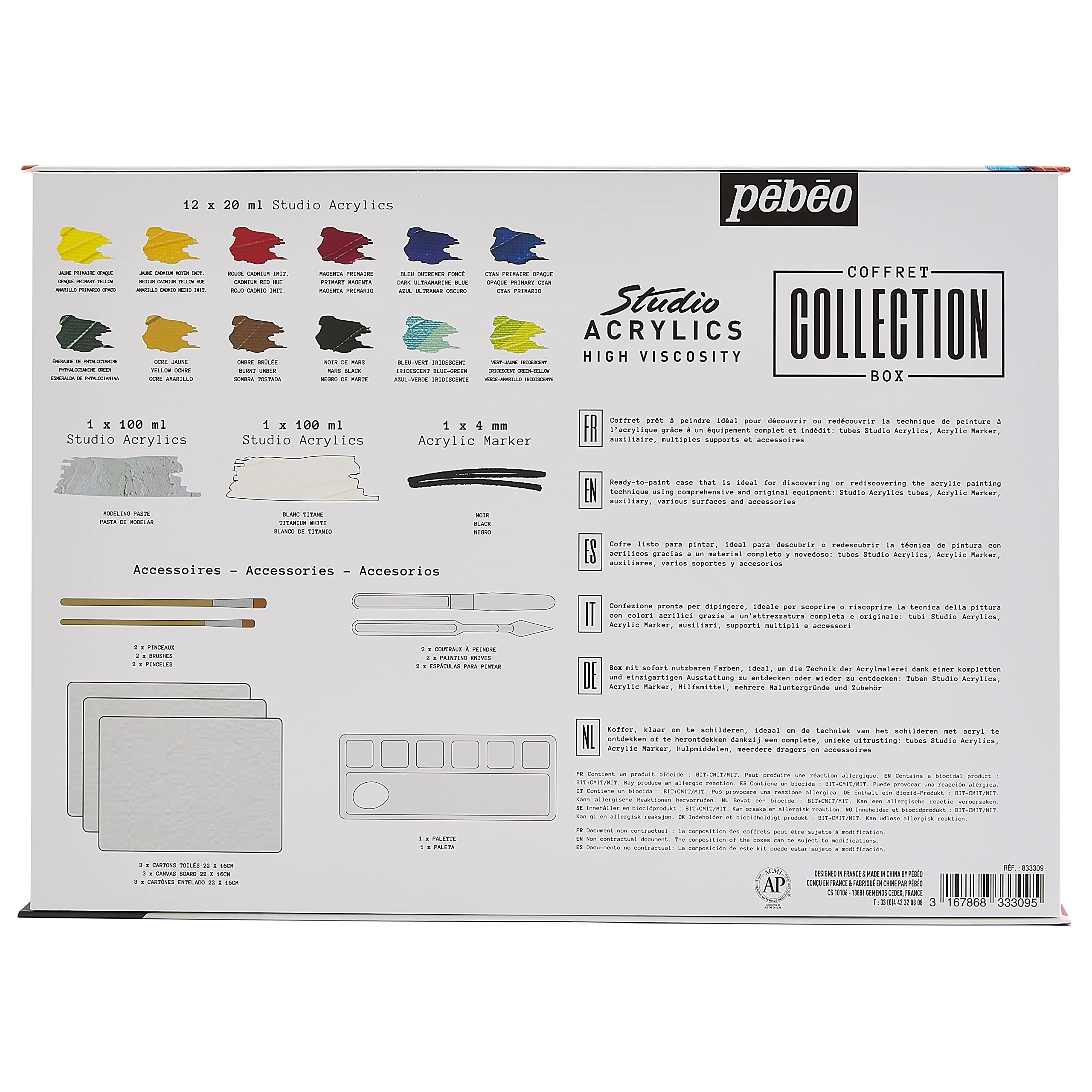 Pebeo Zestaw do kolekcji Studio Acrylics – 12 tubek 20 ml + biel tytanowa 100 ml + pasta do modelowania + 1 czarny marker akrylowy + 2 pędzle + 4 noże do malowania, 1 paleta, 3 płyty płócienne.
